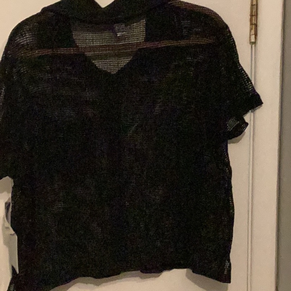 Black 2 Piece Mesh Button Down Swim Coverup with Notched Collar - Picture 7 of 16